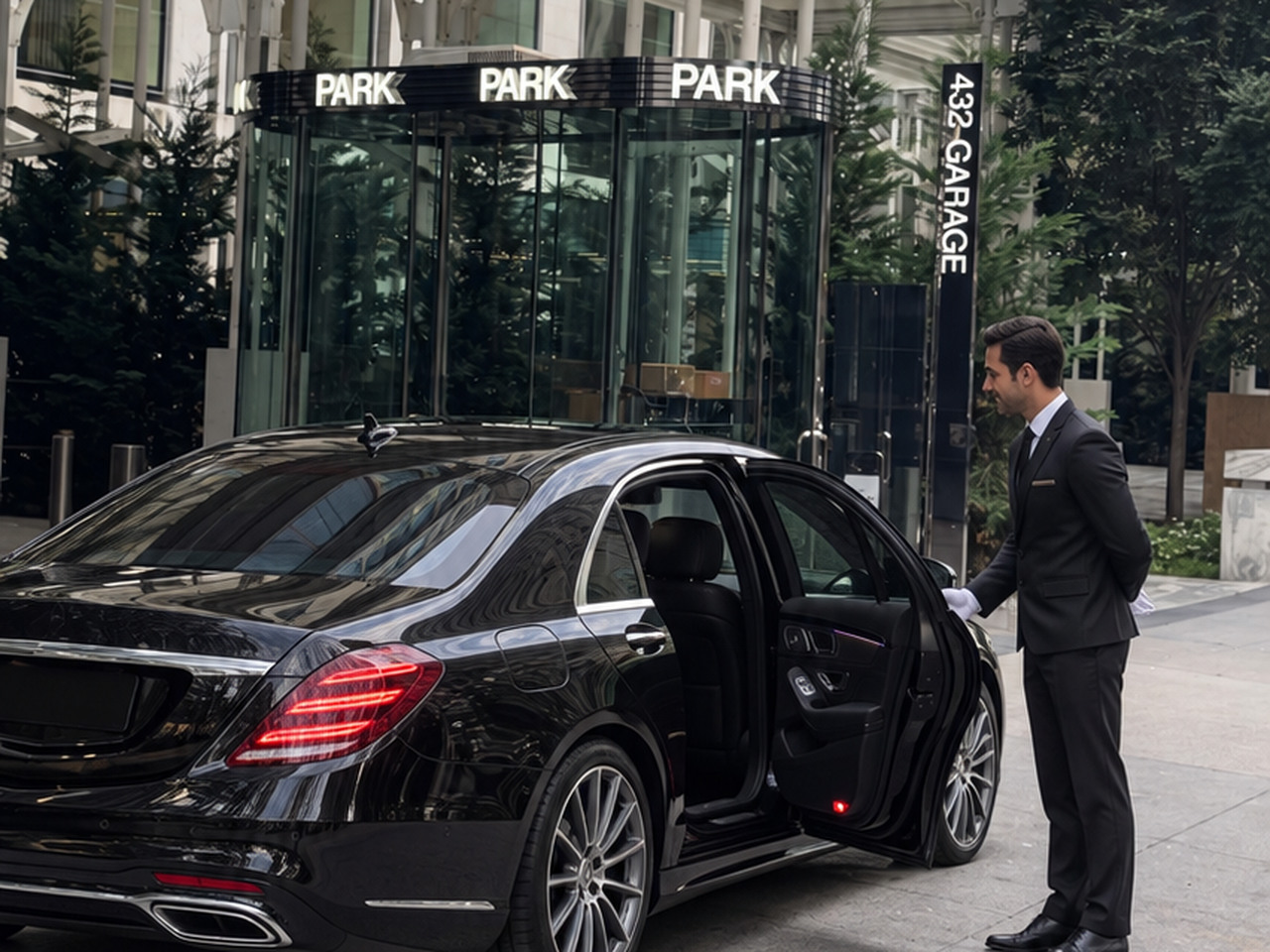 Valet welcoming a vehicle at the entrance to 432 Garage